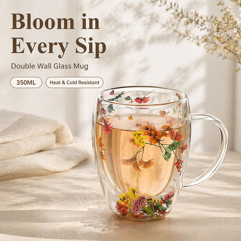Potpourri Dried Flower - Double Wall High Borosilicate Glass Mug
